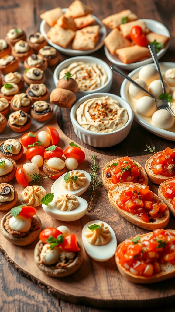 A vibrant assortment of appetizers on a wooden table, featuring stuffed mushrooms, caprese skewers, hummus, deviled eggs, and bruschetta, garnished with herbs.